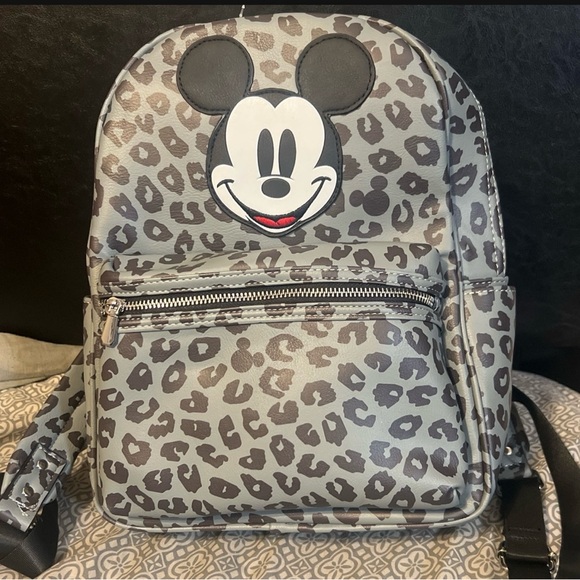 Disney Handbags - Disney Gray Leopard Print Backpack with Mickey Mouse